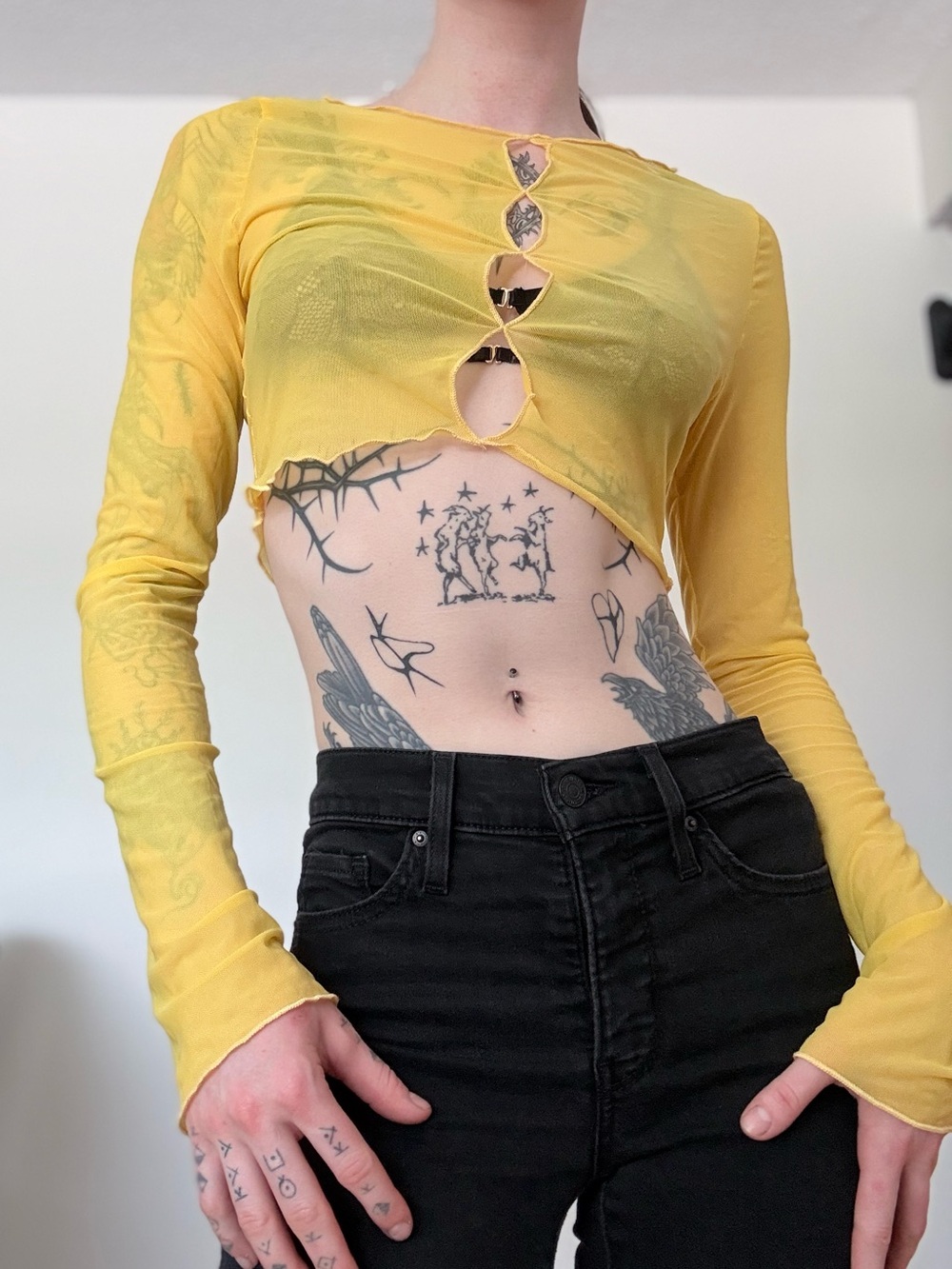 Yellow Cutout Long-Sleeve Mesh Crop Top